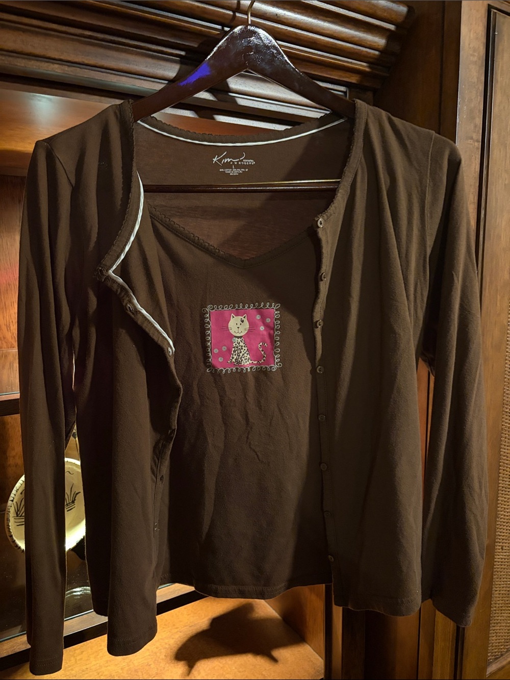 Kim Rogers Y2K ‘cat lady’ brown knit set spaghetti strap tank w/cover Lrg